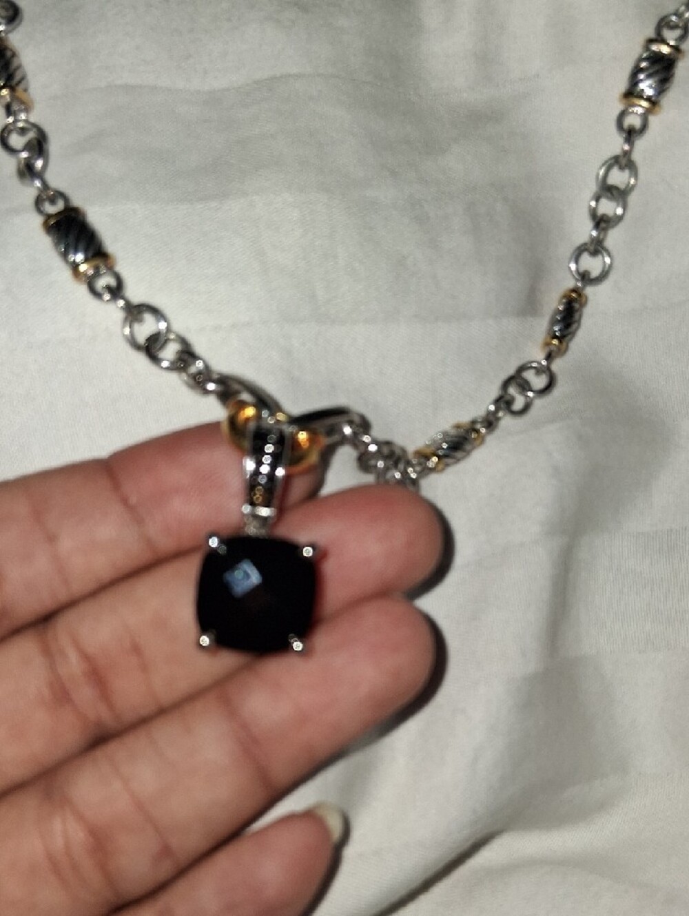 Two-Tone Silver & Gold Chain Necklace with Black Gem Pendant - Picture 3 of 5